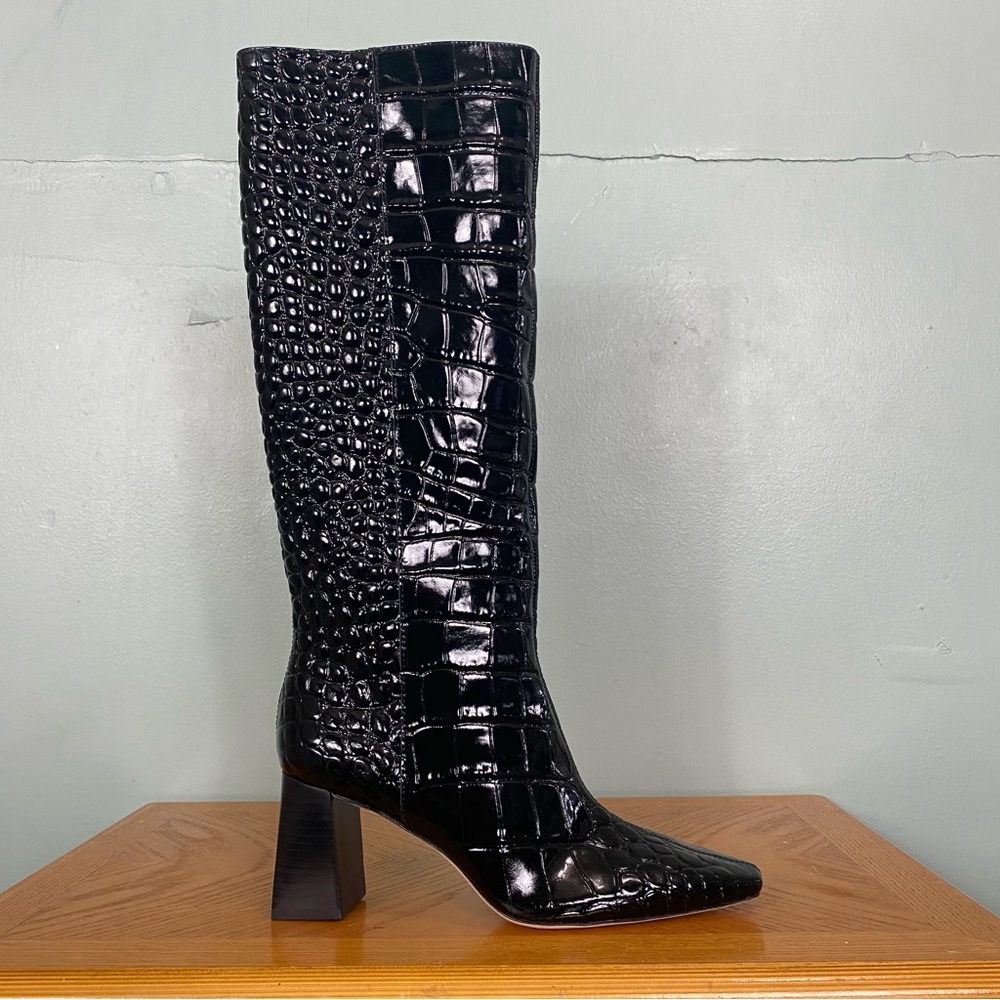 Reformation River Knee Boots Black Patent Leather Croc Embossed Leather Size 7.5